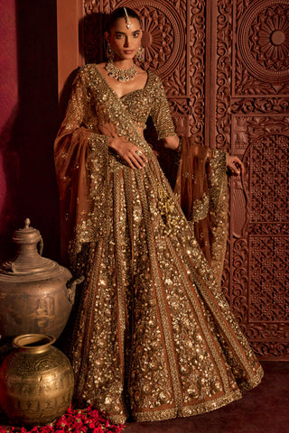 Lehenga Set For Indian Wedding - Brown Naira Lehenga by Prevasu
