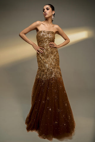 Gown Evening Wear - Brown Mocha Fitted Gown by Prevasu