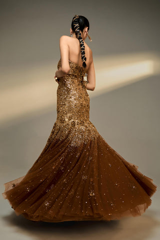 Gown Evening Wear - Brown Mocha Fitted Gown by Prevasu