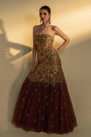 Gown Evening Wear - Brown Mocha Fitted Gown by Prevasu