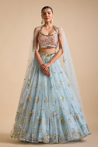 Lehenga Indian Wedding - Blue Net Lehenga Set by Prevasu