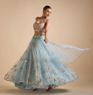 Lehenga Indian Wedding - Blue Net Lehenga Set by Prevasu