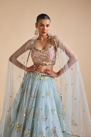 Lehenga Indian Wedding - Blue Net Lehenga Set by Prevasu