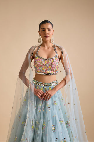 Lehenga Indian Wedding - Blue Net Lehenga Set by Prevasu