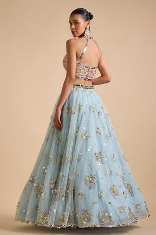 Lehenga Indian Wedding - Blue Net Lehenga Set by Prevasu