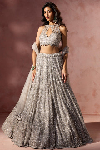 Net lehenga set for Indian Wedding – Silver Grey Navyaa by Nitika Gujral