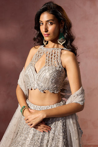 Net lehenga set for Indian Wedding – Silver Grey Navyaa by Nitika Gujral