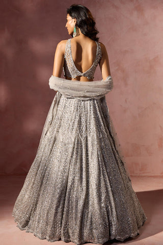 Net lehenga set for Indian Wedding – Silver Grey Navyaa by Nitika Gujral