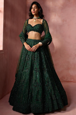 Net lehenga set for Indian Wedding – Bottle Green Navyaa by Nitika Gujral
