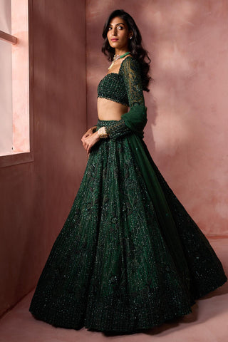 Net lehenga set for Indian Wedding – Bottle Green Navyaa by Nitika Gujral