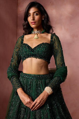 Net lehenga set for Indian Wedding – Bottle Green Navyaa by Nitika Gujral