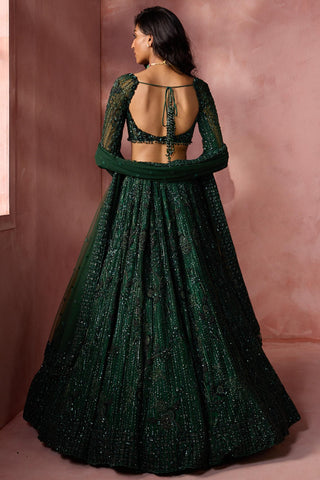 Net lehenga set for Indian Wedding – Bottle Green Navyaa by Nitika Gujral