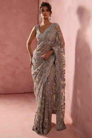 Net saree for Indian Wedding – Silver Grey Navyaa by Nitika Gujral