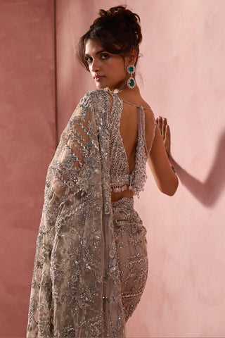 Net saree for Indian Wedding – Silver Grey Navyaa by Nitika Gujral