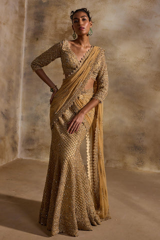 Draped lehenga saree for Indian Wedding – Gold Navyaa by Nitika Gujral
