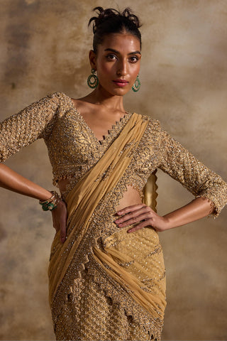 Draped lehenga saree for Indian Wedding – Gold Navyaa by Nitika Gujral