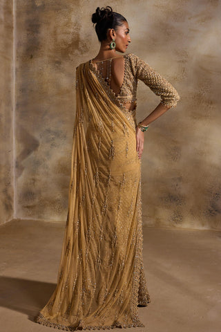 Draped lehenga saree for Indian Wedding – Gold Navyaa by Nitika Gujral