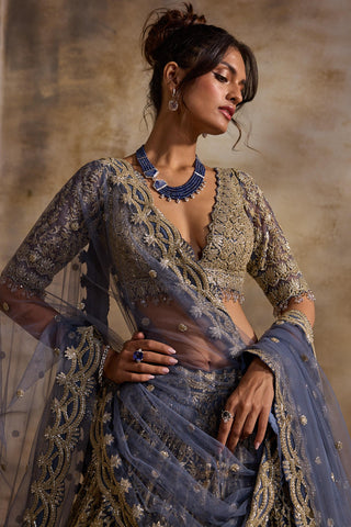 Net lehenga set for Indian Wedding – Blue Grey Navyaa by Nitika Gujral