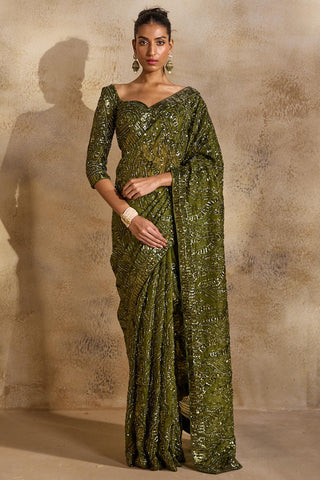 Georgette saree for Indian Wedding – Olive Green Navyaa by Nitika Gujral