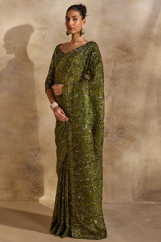 Georgette saree for Indian Wedding – Olive Green Navyaa by Nitika Gujral