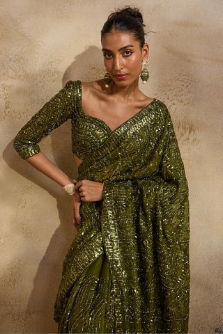 Georgette saree for Indian Wedding – Olive Green Navyaa by Nitika Gujral