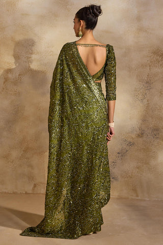 Georgette saree for Indian Wedding – Olive Green Navyaa by Nitika Gujral