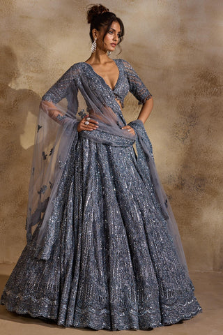 Net lehenga set for Indian Wedding – Stone Grey Navyaa by Nitika Gujral