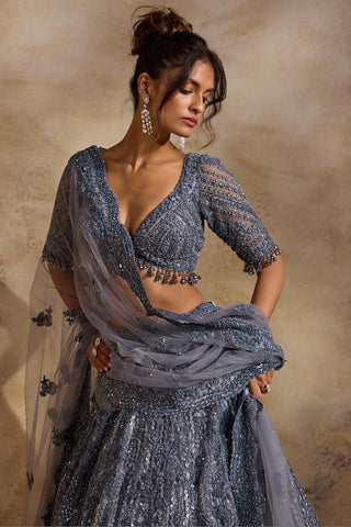 Net lehenga set for Indian Wedding – Stone Grey Navyaa by Nitika Gujral