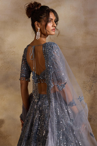 Net lehenga set for Indian Wedding – Stone Grey Navyaa by Nitika Gujral