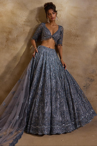 Net lehenga set for Indian Wedding – Stone Grey Navyaa by Nitika Gujral