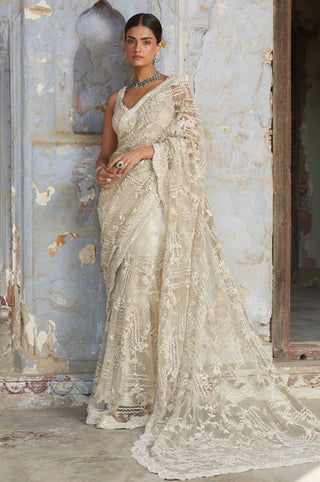 Ivory nihaar dori crystal saree set by Nitika Gujral at Mrs. G