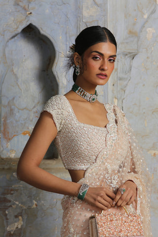 Pink nihaar ivory beadwork saree set by Nitika Gujral at Mrs. G