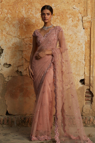 Pink nihaar tonal crystal saree set by Nitika Gujral at Mrs. G