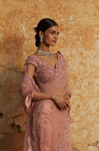 Pink nihaar tonal crystal saree set by Nitika Gujral at Mrs. G