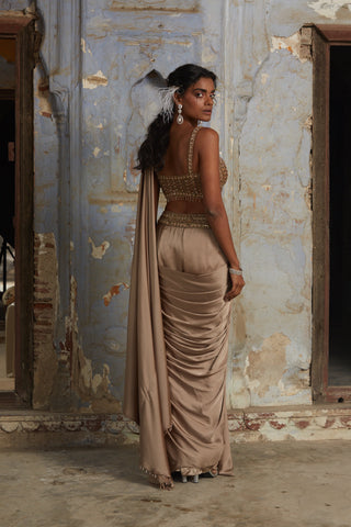 Brown nihaar crystal stone draped saree set by Nitika Gujral at Mrs. G