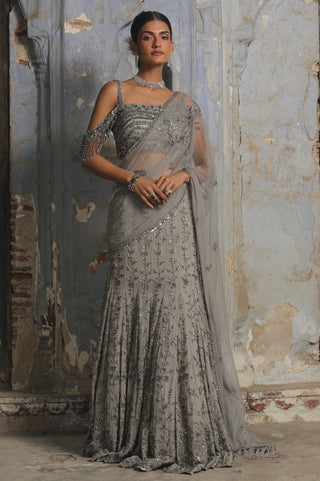 Gray nihaar pre-draped saree set by Nitika Gujral at Mrs. G