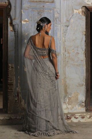 Gray nihaar pre-draped saree set by Nitika Gujral at Mrs. G