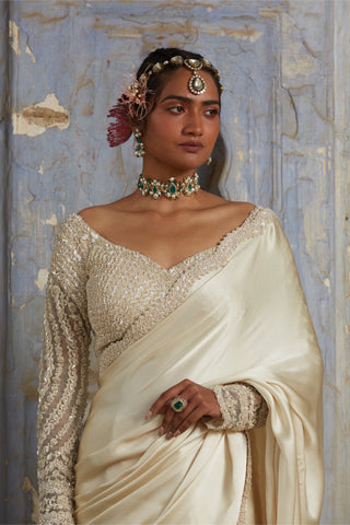 Ivory nihaar resham crystal saree set by Nitika Gujral at Mrs. G
