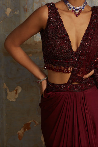 Maroon nihaar sequin beadwork saree set by Nitika Gujral at Mrs. G