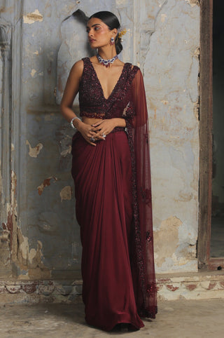 Maroon nihaar sequin beadwork saree set by Nitika Gujral at Mrs. G