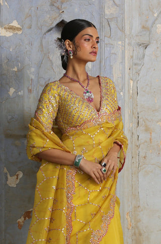 Yellow nihaar french knot saree set by Nitika Gujral at Mrs. G