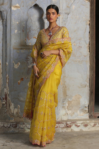 Yellow nihaar french knot saree set by Nitika Gujral at Mrs. G