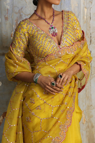Yellow nihaar french knot saree set by Nitika Gujral at Mrs. G