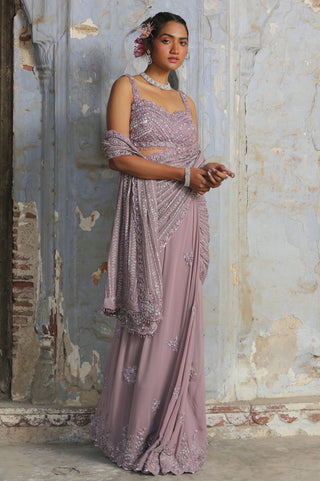 Purple nihaar resham beadwork saree set by Nitika Gujral at Mrs. G
