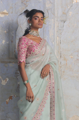 Green nihaar dabka embroidered saree set by Nitika Gujral at Mrs. G