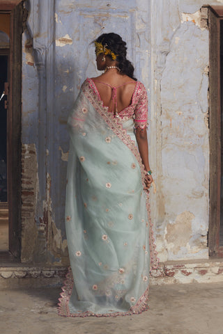 Green nihaar dabka embroidered saree set by Nitika Gujral at Mrs. G