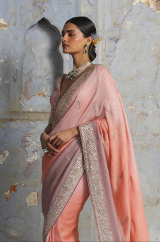 Peach nihaar ombre saree set by Nitika Gujral at Mrs. G