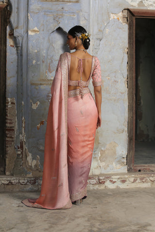 Peach nihaar ombre saree set by Nitika Gujral at Mrs. G