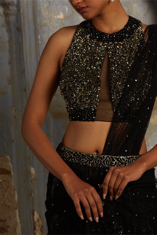 Black nihaar feather fringe saree set by Nitika Gujral at Mrs. G
