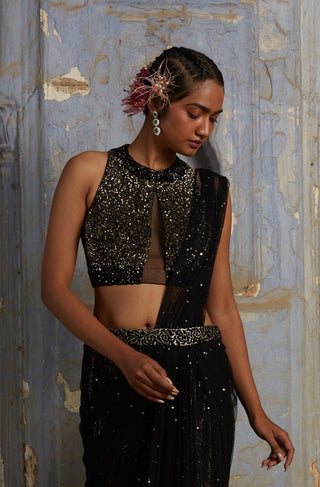 Black nihaar feather fringe saree set by Nitika Gujral at Mrs. G